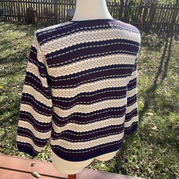 Reba Rose Striped Acrylic Knit Cardigan Sweater Purple & Cream Womens Medium - Picture 3 of 9